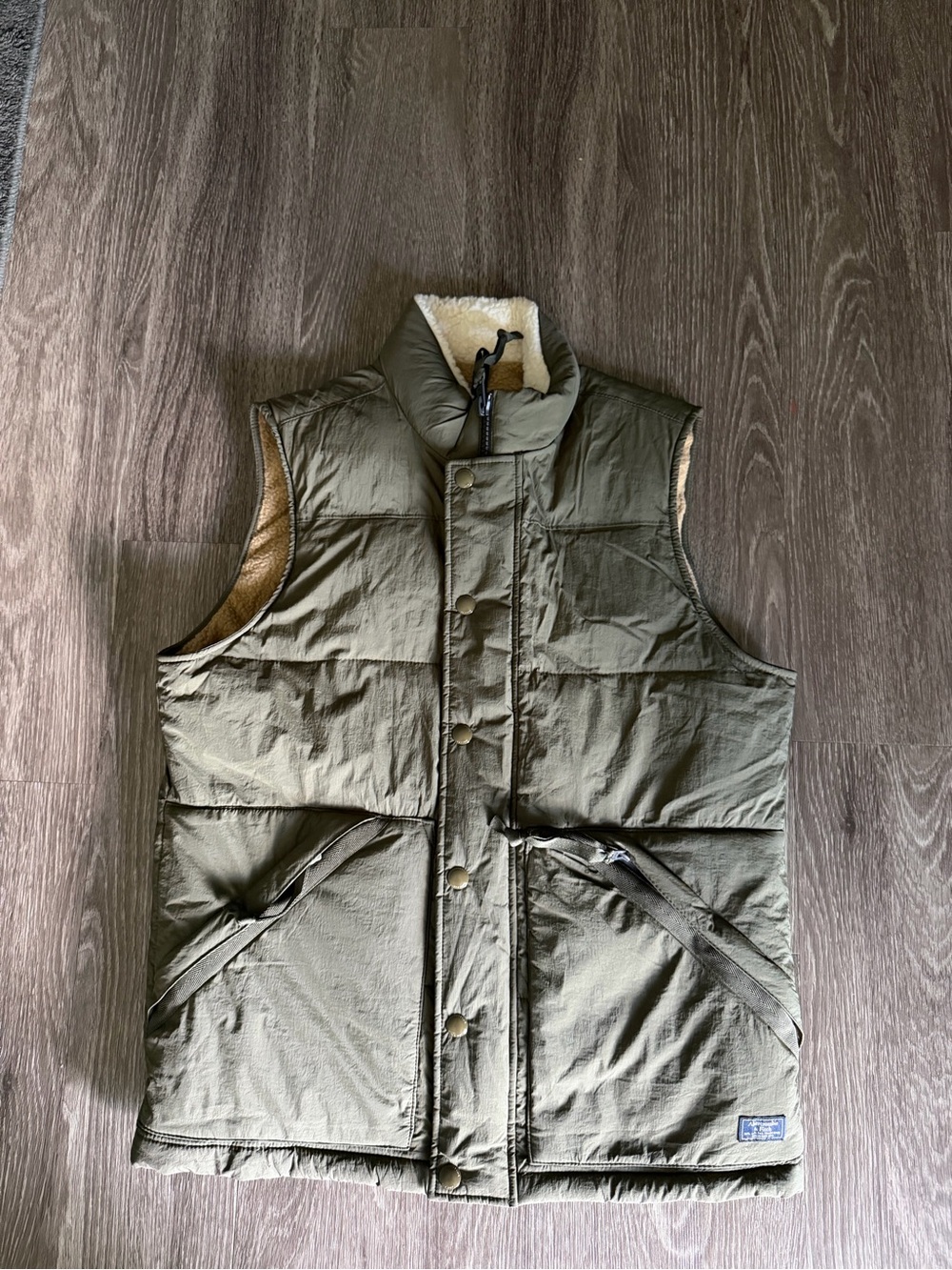 Abercrombie & Fitch Olive Quilted Vest with Sherpa Trim